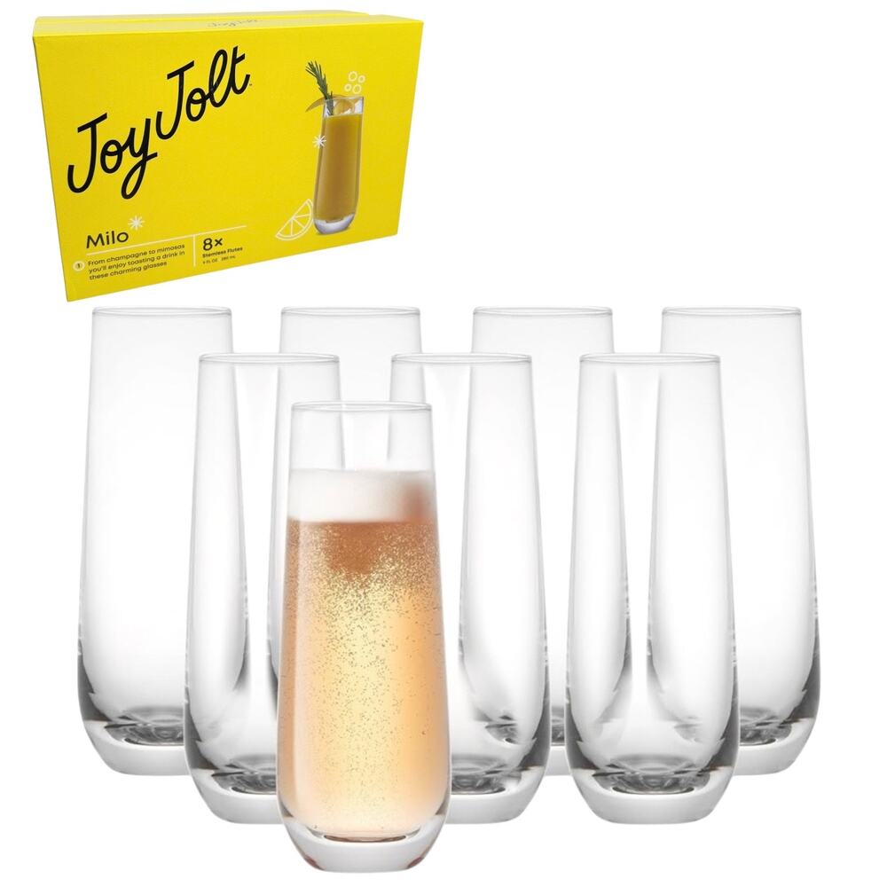 JoyJolt Milo Stemless Champagne Flutes Set 8 Crystal Glasses 9.5oz Highball New
